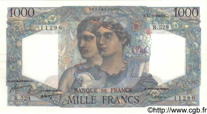 1000 Francs MINERVE ET HERCULE FRANCE  1949 F.41.25 UNC-