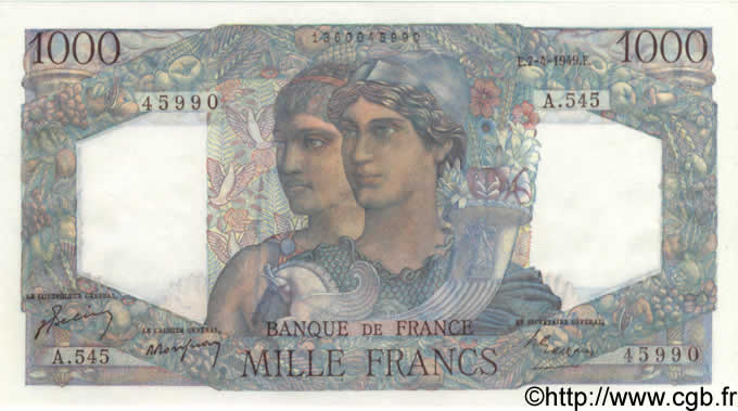 1000 Francs MINERVE ET HERCULE FRANKREICH  1949 F.41.26 ST