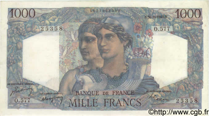 1000 Francs MINERVE ET HERCULE FRANKREICH  1949 F.41.27 VZ