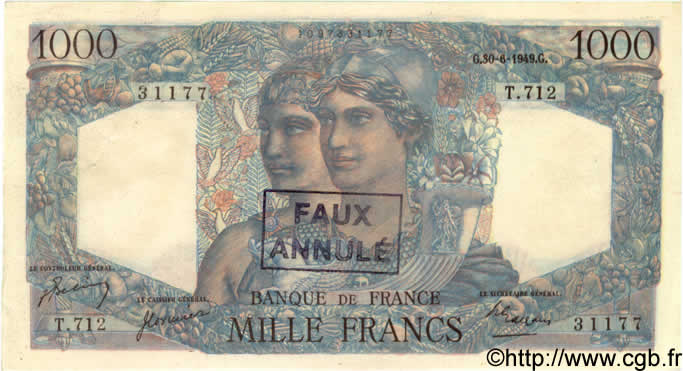 1000 Francs MINERVE ET HERCULE FRANCIA  1949 F.41.27 AU