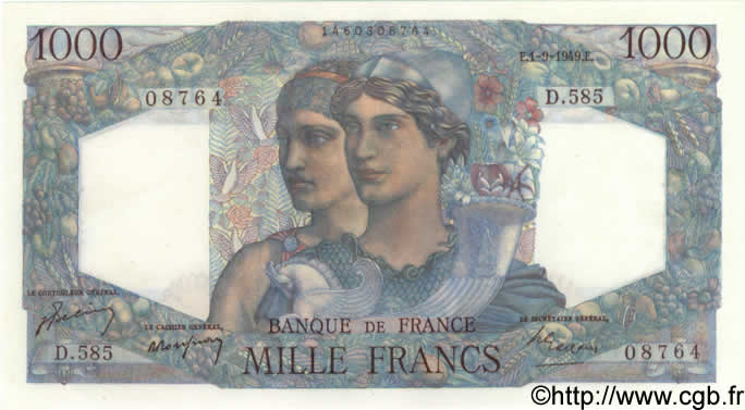 1000 Francs MINERVE ET HERCULE FRANCE  1949 F.41.28 UNC