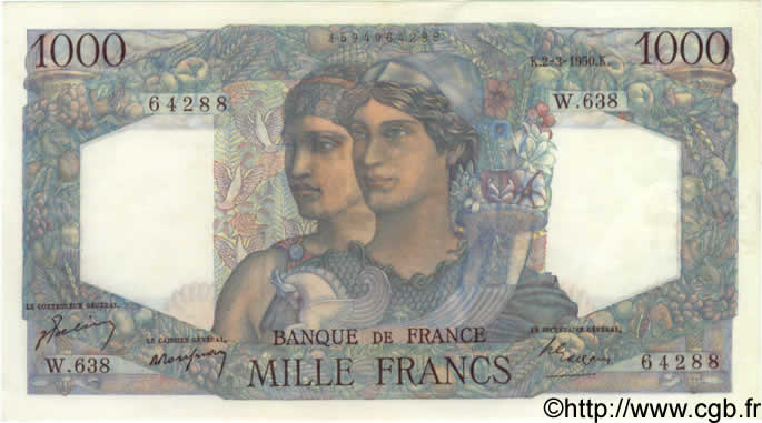 1000 Francs MINERVE ET HERCULE FRANCE  1950 F.41.31 AU+