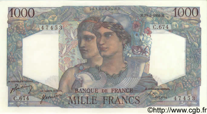 1000 Francs MINERVE ET HERCULE FRANKREICH  1950 F.41.33 fST+