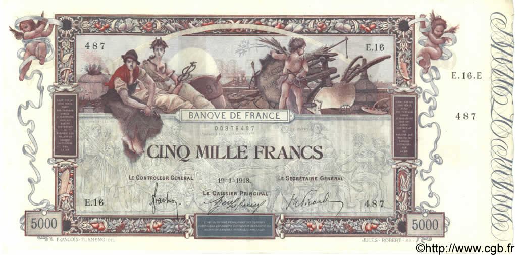 5000 Francs FLAMENG FRANCE  1918 F.43.01 XF+