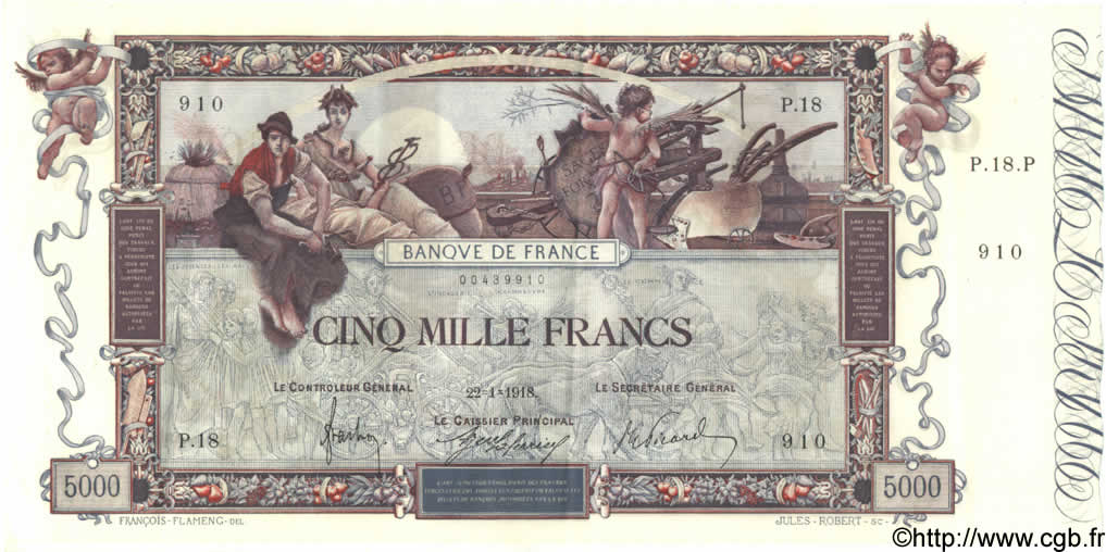 5000 Francs FLAMENG FRANCE  1918 F.43.01 AU-