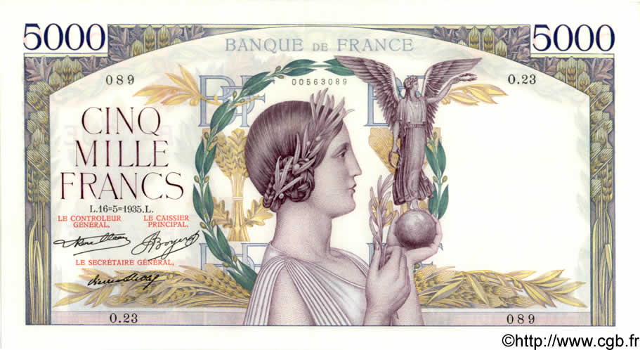 5000 Francs VICTOIRE FRANCE  1935 F.44.02 XF+