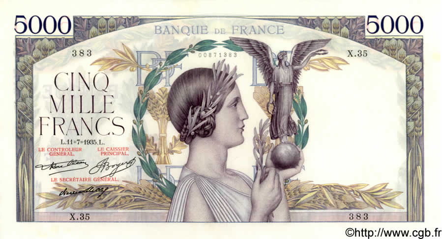5000 Francs VICTOIRE FRANCE  1935 F.44.03 XF+