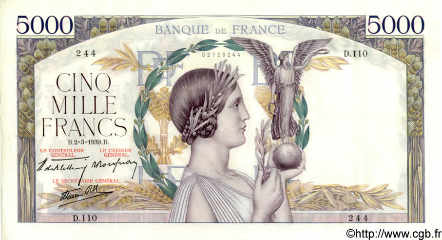5000 Francs VICTOIRE Impression à plat FRANCE  1939 F.46.03 SPL