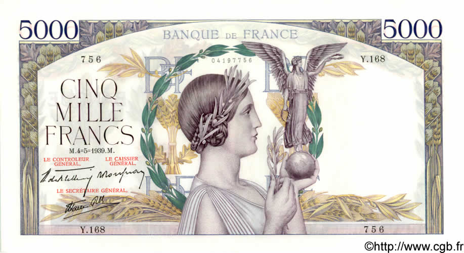 5000 Francs VICTOIRE Impression à plat FRANKREICH  1939 F.46.05 fST