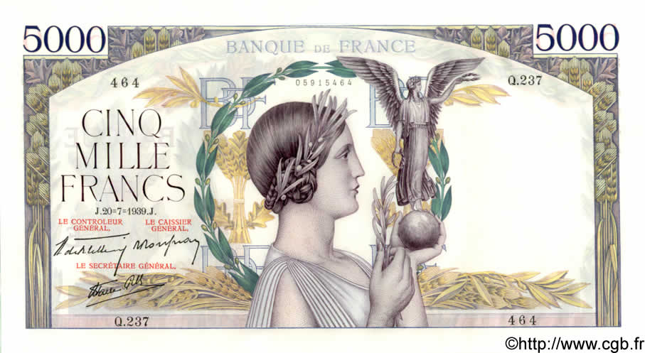 5000 Francs VICTOIRE Impression à plat FRANCIA  1939 F.46.08 AU