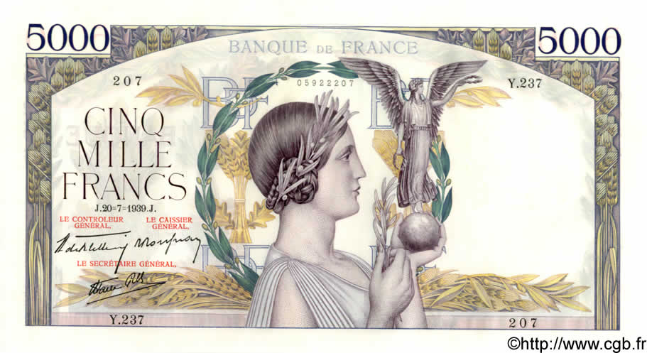 5000 Francs VICTOIRE Impression à plat FRANCE  1939 F.46.08 AU