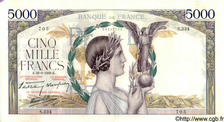 5000 Francs VICTOIRE Impression à plat FRANKREICH  1939 F.46.12 VZ