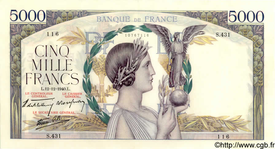 5000 Francs VICTOIRE Impression à plat FRANCIA  1940 F.46.16 q.AU