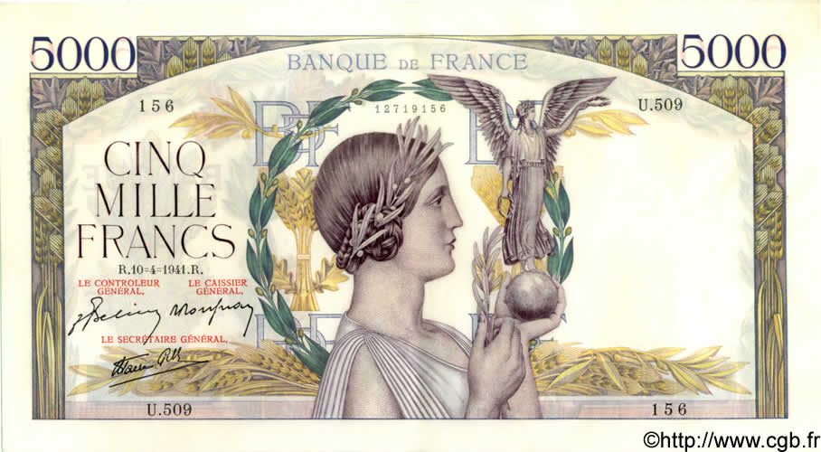 5000 Francs VICTOIRE Impression à plat FRANCIA  1941 F.46.19 q.AU