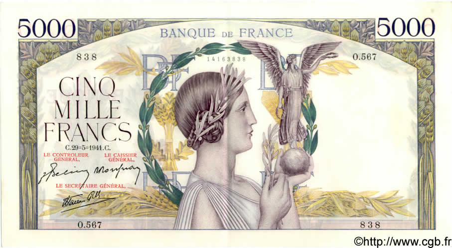 5000 Francs VICTOIRE Impression à plat FRANKREICH  1941 F.46.22 VZ+ to fST