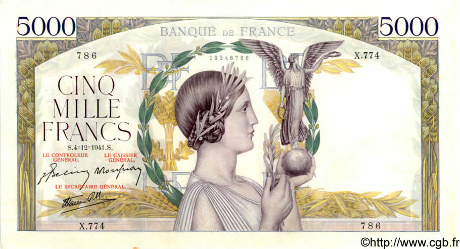 5000 Francs VICTOIRE Impression à plat FRANKREICH  1941 F.46.30 VZ to fST