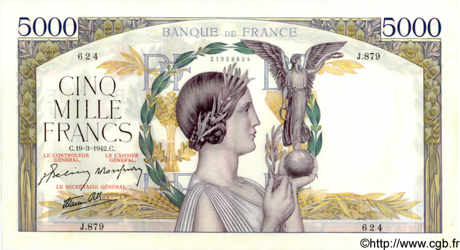 5000 Francs VICTOIRE Impression à plat FRANCE  1942 F.46.35 AU-