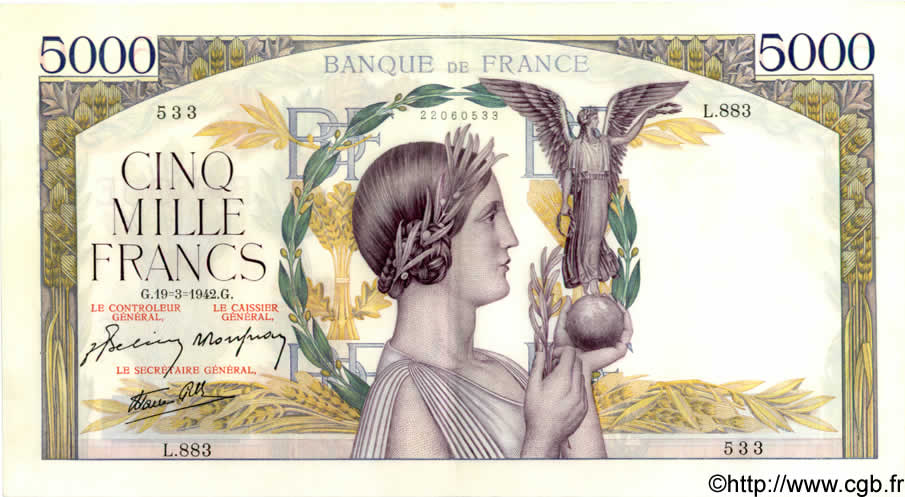 5000 Francs VICTOIRE Impression à plat FRANKREICH  1942 F.46.35 VZ+