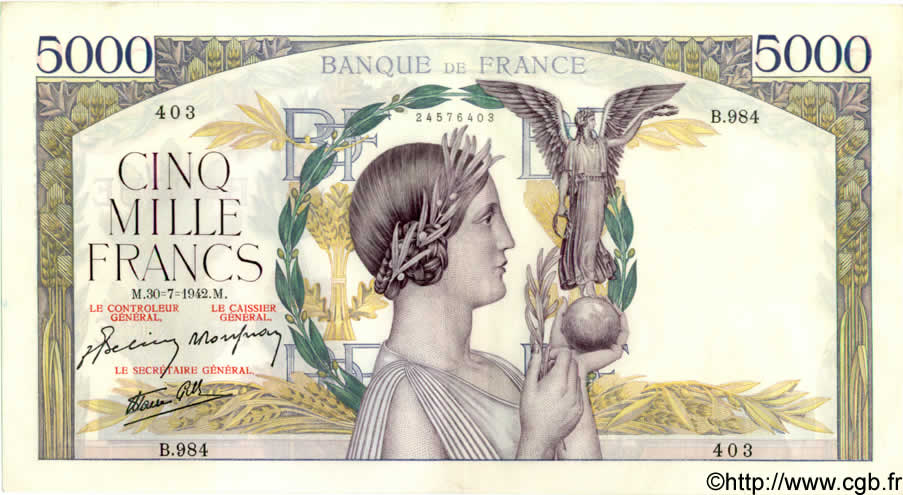 5000 Francs VICTOIRE Impression à plat FRANCIA  1942 F.46.39 EBC+