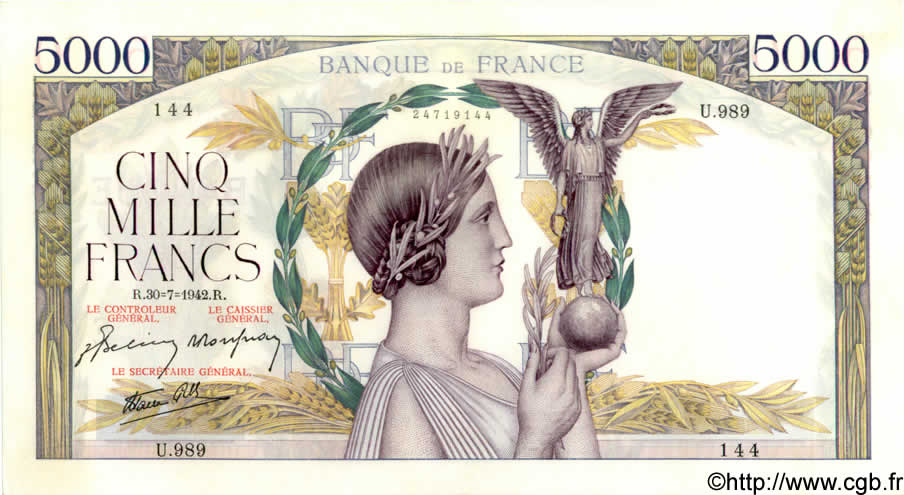 5000 Francs VICTOIRE Impression à plat FRANCE  1942 F.46.39 pr.SPL