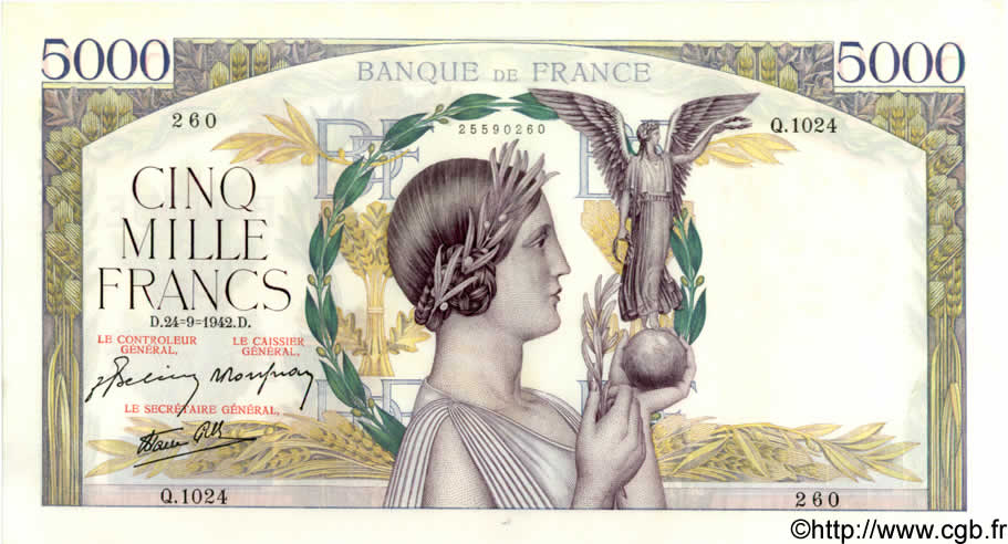 5000 Francs VICTOIRE Impression à plat FRANCIA  1942 F.46.41 EBC+