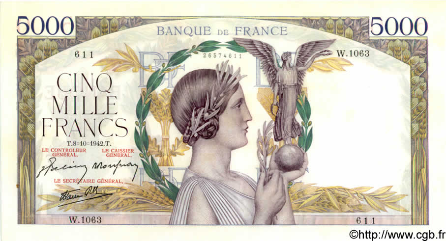 5000 Francs VICTOIRE Impression à plat FRANCIA  1942 F.46.42 q.AU