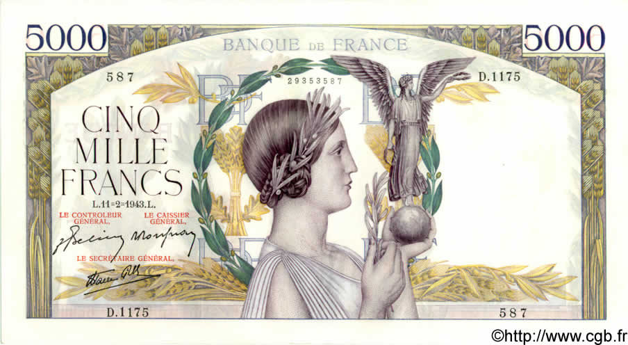 5000 Francs VICTOIRE Impression à plat FRANCIA  1943 F.46.47 AU