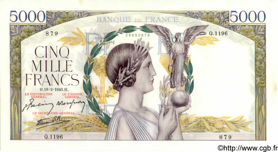5000 Francs VICTOIRE Impression à plat FRANCIA  1943 F.46.48 q.AU