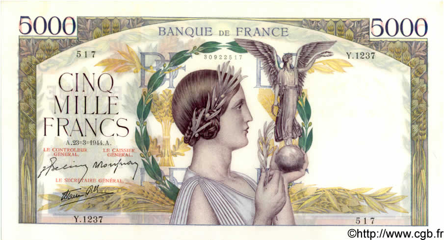 5000 Francs VICTOIRE Impression à plat FRANCIA  1944 F.46.50 EBC+