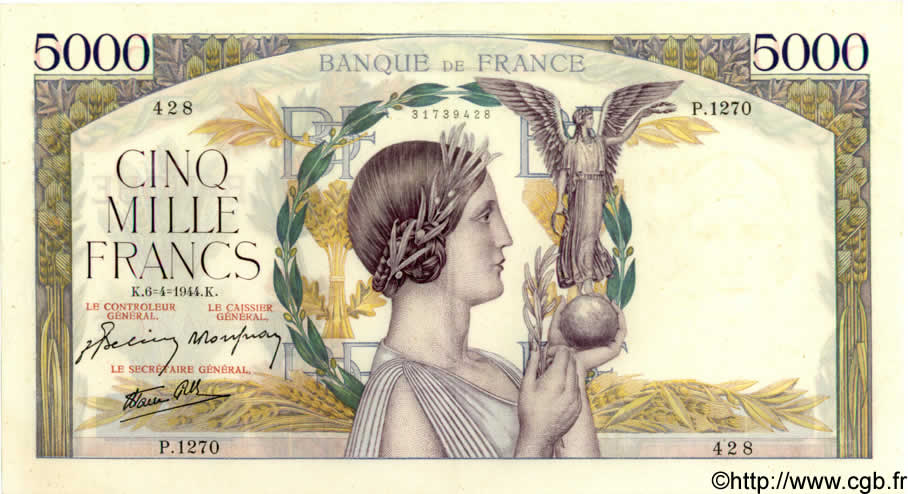 5000 Francs VICTOIRE Impression à plat FRANCIA  1944 F.46.51 EBC+