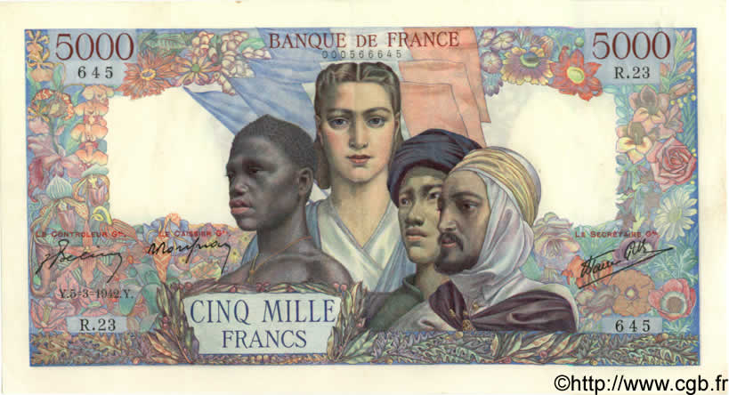 5000 Francs EMPIRE FRANÇAIS FRANCIA  1942 F.47.01 EBC