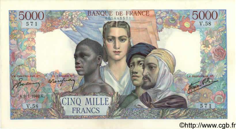 5000 Francs EMPIRE FRANÇAIS FRANCE  1942 F.47.03 XF