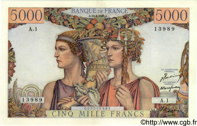 5000 Francs TERRE ET MER FRANCE  1949 F.48.01A1 XF+