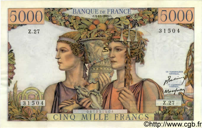 5000 Francs TERRE ET MER FRANKREICH  1949 F.48.02 VZ+
