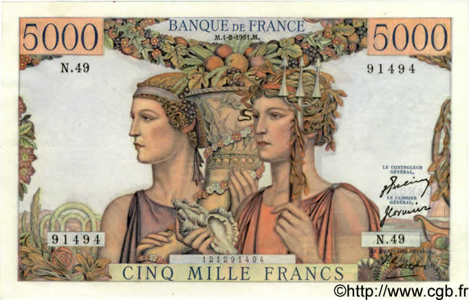 5000 Francs TERRE ET MER FRANCE  1951 F.48.03 AU