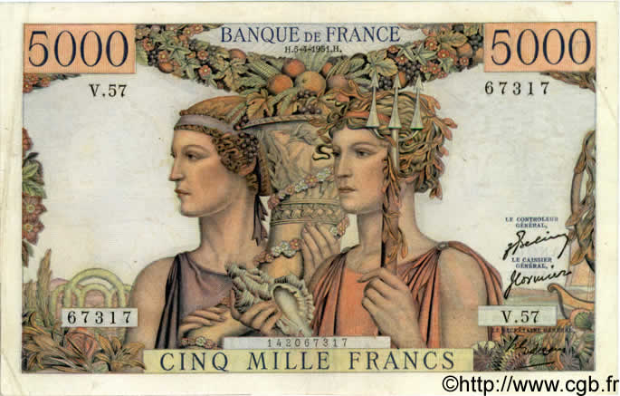 5000 Francs TERRE ET MER FRANCIA  1951 F.48.04 MBC+