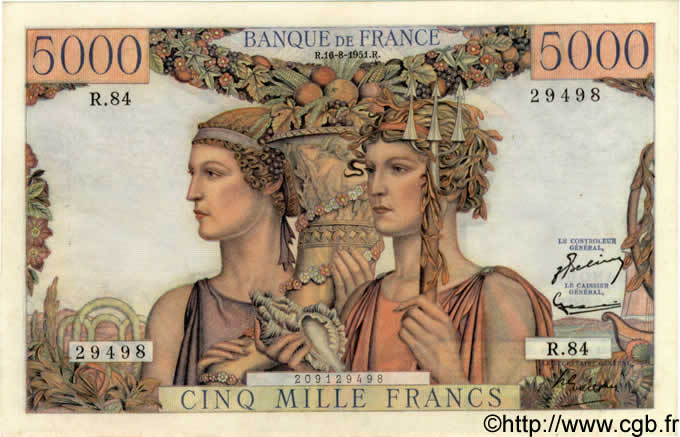 5000 Francs TERRE ET MER FRANCIA  1951 F.48.05 EBC+ a SC