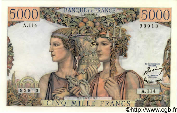 5000 Francs TERRE ET MER FRANCIA  1952 F.48.07 AU