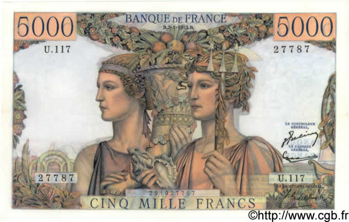5000 Francs TERRE ET MER FRANCE  1953 F.48.08 AU-
