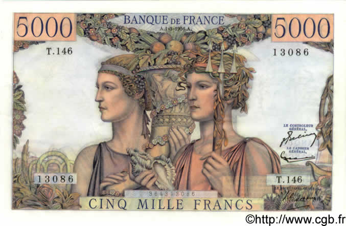 5000 Francs TERRE ET MER FRANCE  1956 F.48.11 AU-