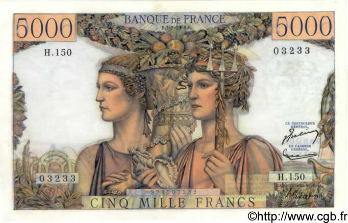 5000 Francs TERRE ET MER FRANCE  1956 F.48.11 AU