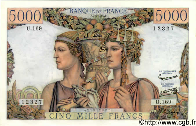 5000 Francs TERRE ET MER FRANKREICH  1957 F.48.15 fST