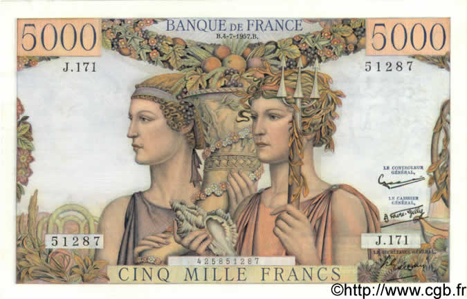 5000 Francs TERRE ET MER FRANCIA  1957 F.48.16 SC