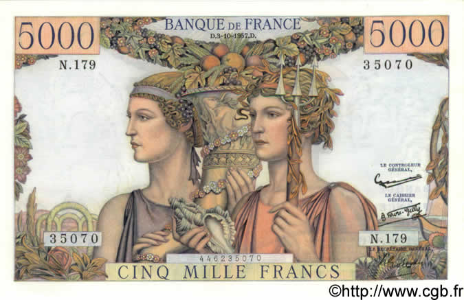 5000 Francs TERRE ET MER FRANCE  1957 F.48.17 AU-
