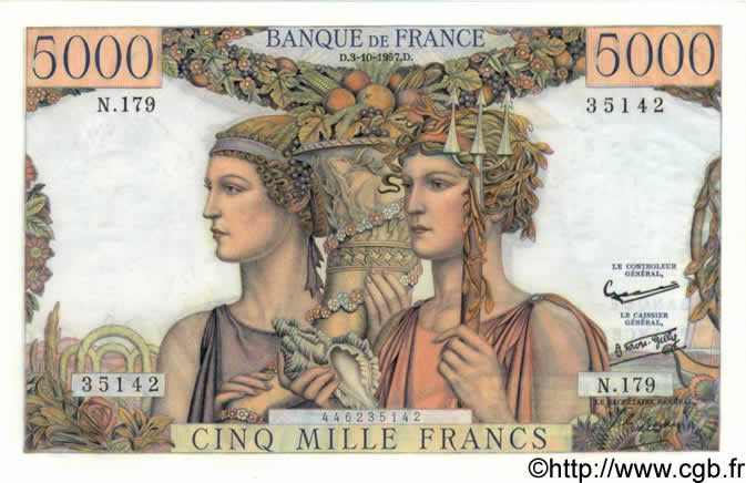 5000 Francs TERRE ET MER FRANCE  1957 F.48.17 UNC-