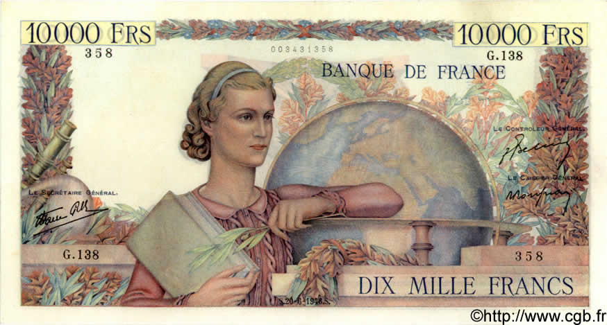 10000 Francs GÉNIE FRANÇAIS FRANKREICH  1946 F.50.06 VZ to fST