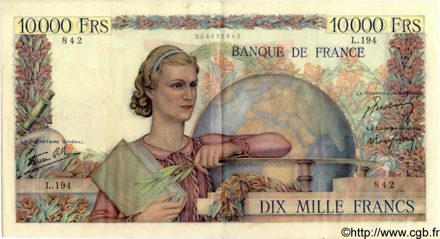 10000 Francs GÉNIE FRANÇAIS FRANCIA  1946 F.50.09 MBC+