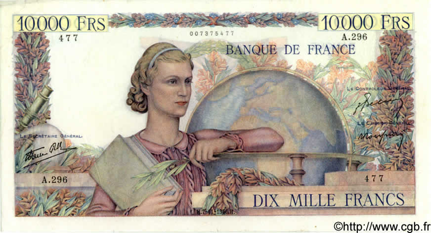 10000 Francs GÉNIE FRANÇAIS FRANCIA  1946 F.50.13 BB