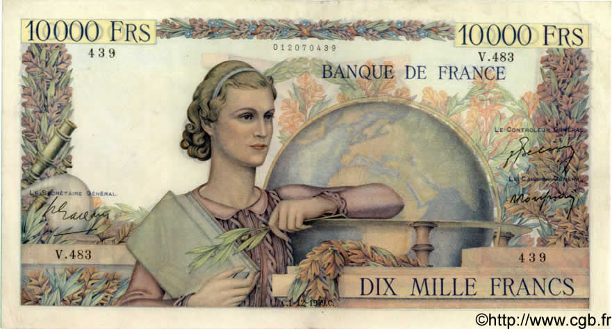 10000 Francs GÉNIE FRANÇAIS FRANCIA  1949 F.50.21 MBC