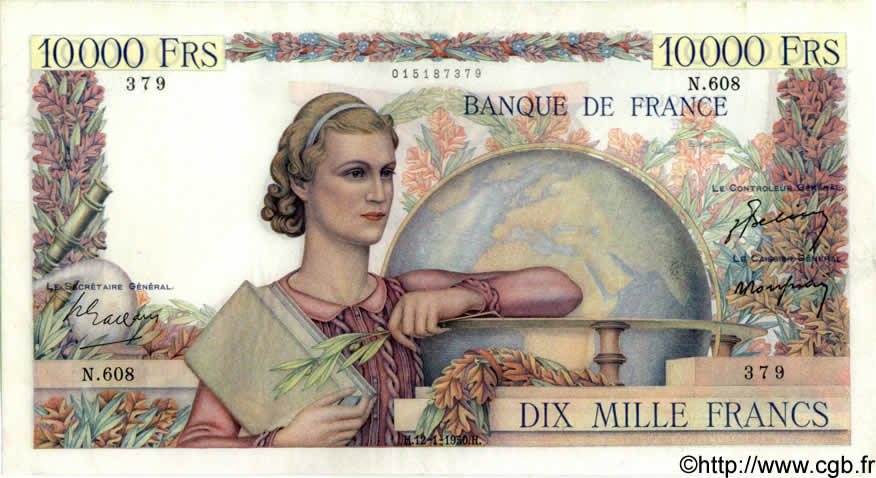 10000 Francs GÉNIE FRANÇAIS FRANCIA  1950 F.50.26 MBC+